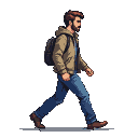 A bearded man in a jacket and jeans walks with a backpack.