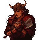 Pixel Art: beautiful female barbarian with axe close-up portrait, vivid...
