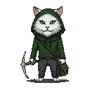 White cat thief wearing a dark green hooded jacket and trousers, holding a crossbow and a satchel.