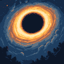 A black hole with a swirling, fiery orange and yellow accretion disk, set against a backdrop of dark blue and grey cosmic clouds. Silhouetted treetops are visible in the foreground.
