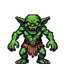 Menacing green goblin with glowing yellow eyes, snarling with sharp teeth, wearing a tattered loincloth.