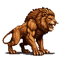Muscular lion in profile, jaws agape in a roar, with pixelated fiery mane and extended claws.