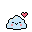 Light blue blob creature with closed eyes, rosy cheeks, and a smile, with a small pink heart floating above and to its right.