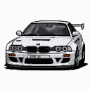 White BMW M3 GTR, front view, with prominent rear spoiler, kidney grille, and circular headlights.