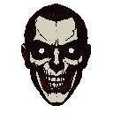 A pixelated, full-face mask in bone white, crimson, and black. The eyes are black voids, and the mouth is a grotesque, toothy grin in blood-red.