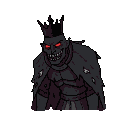 A pixelated king with glowing red eyes and a wide, toothy grin, wearing tattered dark regal attire.