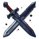 Two dark, medieval swords crossed, with sharp, glinting blades and intricately detailed hilts.