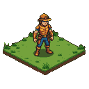 Lone adventurer in golden-brown armor and wide-brimmed hat, standing on a small patch of green grass.