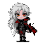 Chibi vampire Scarlet in a side-view battle stance. She has pale skin, crimson eyes, fangs, and messy white hair. She wears a dark leather tunic with silver buckles and a tattered scarlet cape. The sprite has a high-contrast, pixel-perfect style with neon violet backlighting and sharp rim lighting.