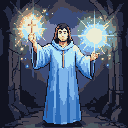 Priest in a blue hooded robe performing a healing ritual, conjuring a golden cross in his left hand and a white orb of light in his right, surrounded by sparkling motes.