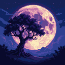 A gnarled tree silhouetted against a luminous violet and pale yellow moon, set against a deep midnight blue sky with drifting clouds.