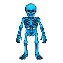 A skeleton composed of electric blue pixels stands against a black background.