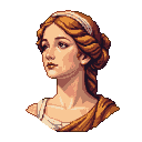 Bust of a woman with auburn hair, a white band on her forehead, and a braid. She looks upwards and left with a serene expression.