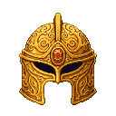 An ornate golden helmet with swirling vine patterns and a prominent red gem above shadowed eye slits, set against a black background.