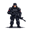 A soldier in black tactical gear stands at attention, holding a rifle across their chest. A red insignia is visible on the left shoulder.