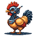 Pixel Art: chicken with cyborg head (generated with AI by sandacz).