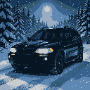 A black 2004 BMW X5 E53 with illuminated angel eyes headlights parked on a snow-covered road at night, with falling snowflakes and a dark winter forest in the background.