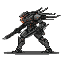 Heavily armored robot with sharp angles, segmented plating, and glowing orange accents, holding a futuristic rifle.