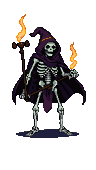 A skeletal figure in a purple cloak and pointed wizard's hat holds two flaming torches aloft, one in each hand.