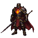 Knight in dark, gold-trimmed armor with a red cape, holding a sword and with another sheathed on their back. A glowing ember burns in their chest.