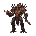 A hulking demonic war machine with segmented armor, glowing red eyes, and a weapon emitting a fiery blast.