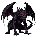 A dark-scaled beast with glowing red eyes and sharp teeth, wings spread.