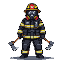 Pixel Art: A firefighter 128 x 128, with a gas mask and holding an axe....