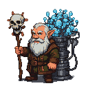 Pixel Art: dwarf geomancer with skull wand and gem-brain interface mach...