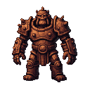 A hulking copper golem in segmented, spiky armor stands stoically.