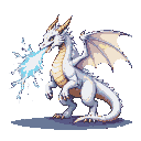 A white dragon breathes crackling lightning from its jaws against a dark background.