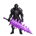 Knight in obsidian armor holding a colossal, jagged purple crystal sword.