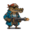 Pixel Art: pirate crocodile holding minigun (generated with AI by sandacz).