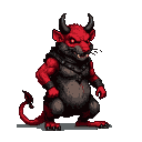 Menacing devil rat with crimson skin, dark fur, glowing red eyes, jagged horns, and a barbed tail.