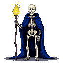 Standing skeleton in a deep blue cloak holding a torch with a yellow flame against a black background.