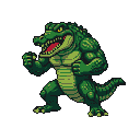 Anthropomorphic crocodile in a fighting stance, with sharp yellow eyes and jagged teeth.