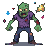 Menacing pixel art zombie boss roaring with mouth agape, glowing yellow eyes, tattered purple shirt, and a red stain on its chest, surrounded by colorful pixel fragments.