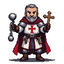 Templar Chaplain with short gray beard, wearing a white tunic with a red cross, armor, and chainmail. He holds a flanged mace and a wooden cross reliquary.