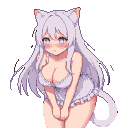 A shy neko girl with long white hair, white cat ears, and a fluffy white tail, blushing heavily with downcast starry eyes, clutches her pastel frilly dress.