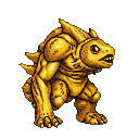 A golden mutant with a piscine head, segmented armor, and dorsal spikes stands defensively.