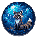 Pixel Art: fantasy magic style raccoon glowing fauna storm-lit sky (generated with AI by Fenrielle Darkling).