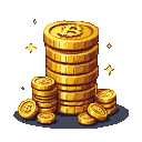 A tall stack of golden coins is central, with smaller piles and loose coins scattered around.