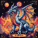 Icy blue dragon with intricate scales and powerful wings, outlined by swirling orange and yellow flames, under a dark, star-speckled sky with two large orange celestial bodies.