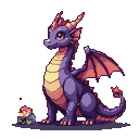 Plump purple dragon with orange and red accents, wings folded, with a small cluster of red and green foliage near its front paw.