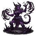 Menacing purple demoness with horns and armored torso, wreathed in swirling dark magic from outstretched hands.