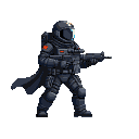 Pixel Art: spaceman in black spacesuit with rifle (generated with AI and edited by pixie.haus).