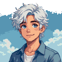 Young man with bright blue eyes and wavy white hair, wearing an open navy blue shirt over a white t-shirt.