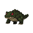 Moss-green axolotl with textured skin, piercing red eyes, and slightly open mouth.