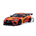 A vibrant orange Puma GTE with yellow accents drifts, kicking up white pixelated smoke against a black background.