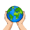 Two pixelated hands gently hold the Earth, showing visible continents against a black background.