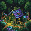 Isometric pixie house in a dimly lit, enchanted forest with glowing flora and winding golden path.